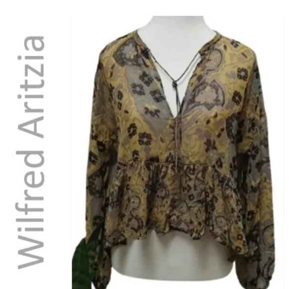ARITZIA Wilfred silk yellow and gray flower cropped long sleeves blouse … - Picture 1 of 12